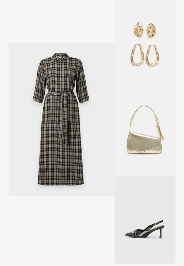 Rochie lungă cu carouri, cu guler, închidere cu nasturi în față, mâneci trei sferturi și talie legată. Culorile includ negru, bej și alb.; Pantofii slingback din piele lăcuită neagră, cu vârf ascuțit, bretele pentru gleznă cu catarame și accesorii din argint, și un toc subțire.; Geantă de umăr metalică aurie cu un design structurat, textură netedă și curea reglabilă. Prezintă o formă triangulară unică și cusături minimaliste.; Cercei aurii cu forme texturate și ondulate. Include studs sculpturale cu clip și un design de cerc deschis cu un finisaj cioplit.