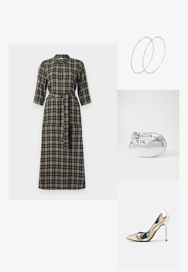 Dlouhé kostkované šaty s límečkem, zapínání na knoflíky vpředu, rukávy do tří čtvrtin a vázaným páskem. Barvy zahrnují černou, béžovou a bílou.; Lodička s špičatou špičkou a kombinací stříbrné, zlaté a tělové barvy. Lesklý povrch s vykrojeným designem, s jehlovým podpatkem.; Stříbrná kovová taška s měkkým, zaobleným tvarem a uzávěrem s uzlem. Vyrobena z hladké umělé kůže.; Stříbrné kruhové náušnice s minimalistickým designem. Kruh, hladký povrch a tenký profil. Lehká konstrukce s lesklým povrchem.