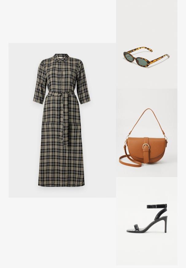 Rochie lungă cu carouri, cu guler, închidere cu nasturi în față, mâneci trei sferturi și talie legată. Culorile includ negru, bej și alb.; Sandalie negre cu toc, cu o finisare lucioasă, având două curele subțiri și o curea pentru gleznă, montate pe un toc subțire.; Ochelari de soare cu ramă din scoică, cu lentile ovali de culoare verde închis și brațe subțiri. Prezintă un logo subtil pe braț.; Geantă din piele maro, tip crossbody, cu o formă curbată, accesorii aurii și un accent cu cataramă. Dispune de un curea de umăr detașabilă.