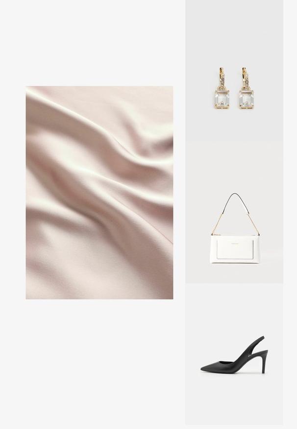 Tessuto di satin rosa chiaro con una trama liscia, caratterizzato da delicate ondulazioni e una sottile lucentezza. Cuciture visibili in tutto il tessuto.; Tacchi alti slingback in pelle nera con design a punta, caratterizzati da un'apertura frontale e un sottile tacco a stiletto.; Borsa a tracolla bianca in pelle con un finish testurizzato, dotata di una tracolla in catena dorata e accenti neri. Include una tasca frontale e una chiusura con zip.; Orecchini in tonalità dorata con un cristallo trasparente rettangolare sospeso sotto una fila di piccoli accenti trasparenti rotondi. Design elegante e moderno.