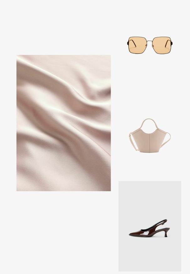 Tessuto di satin rosa chiaro con una trama liscia, caratterizzato da delicate ondulazioni e una sottile lucentezza. Cuciture visibili in tutto il tessuto.; Scarpa slingback in pelle verniciata marrone con punta affusolata e tacco moderato. Presenta una fascia con fibbia per una calzata sicura. Tessuto liscio.; Occhiali da sole quadrati con lenti marroni e una sottile montatura in metallo nero. Presentano tempie angolari e naselli regolabili per il massimo comfort.; Borsa in pelle beige con una forma unica, caratterizzata da due manici corti e una lunga tracolla regolabile. Texture liscia con hardware minimale.