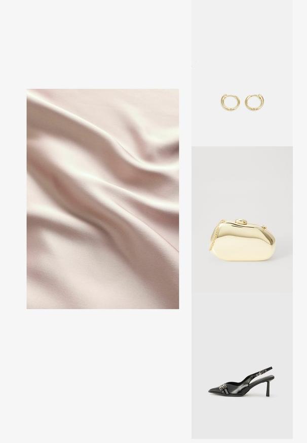 Pehmea roosa satiin kangas, millel on siledad tekstuur ja pehmed lained ning õrn sära. Õmblusjooned on nähtavad üle kogu pinna.; Must musta nahk kingad sanga ja terava ninaga, ankle strapidega, millel on hõbedased pandlad ja riistvara ning õhuke konts.; Kuldne metallist käekott sujuva, ümarate kujude ning ülemise nupuvajutusega kinnitusega. Koti küljes on väike kett, et oleks mugav kanda.; Kuldne rõngas kõrvarõngad, millel on sujuv ja ümar disain. Omab väikest hingedega sulgemist, kerget väljanägemist ja läikivat viimistlust.