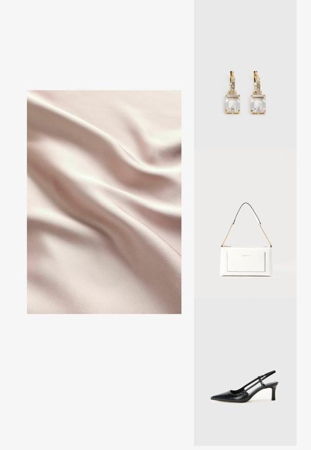 Țesătură de satin într-o nuanță de roz moale, cu o textură netedă, având ondulații delicate și o luciu subtil. Linile de cusătură sunt vizibile pe întreaga suprafață.; Pantofi cu toc slingback negri din patent, cu vârf ascuțit, cu imprimeu de șarpe texturat, curea ajustabilă și toc scurt texturat.; Geantă de mână din piele albă cu un finisaj texturat, având o curea din lanț aurie și accente negre. Include un buzunar frontal și închidere cu fermoar.; Cercei aurii care prezintă un cristal clar, rectangular, suspendat sub un rând de accente mici, rotunde, clare. Design elegant și modern.
