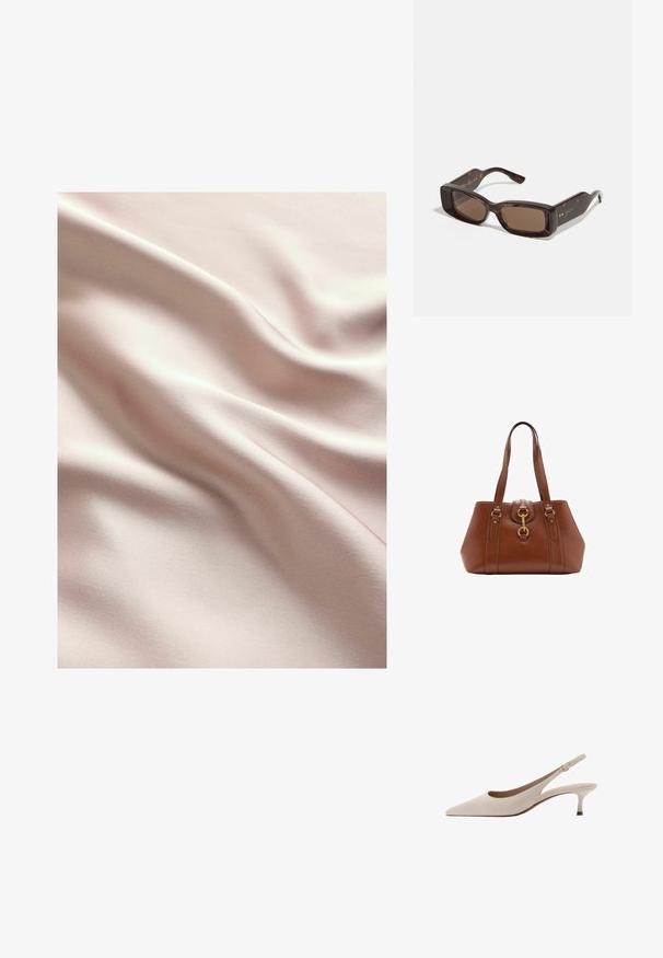 Satinstof i blød pink med en glat overflade, der har bløde bølger og en subtil glans. Syninger synlige overalt.; Beige slingback-hæle med spids tå og en lav, flared hæl. Fremstillet af glat læder med et minimalistisk design og justerbar rem.; Gucci solbriller med rektangulære brune linser, ramme i skildpaddeacetat og guldlogo-detaljer på stængerne.; Brun lædertaske med dobbelte stropper, rund form, guldfarvet hardware og en central spænde detalje. Glat tekstur med syninger.