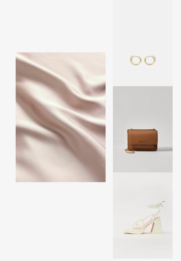 SAMTA audums maigi rozā krāsā ar gludu tekstūru, kurā ir maigi viļņi un neliela spīduma. Šuves ir redzamas visā virsmā.; Baltas augstpapēžu sandales ar masīvu papēdi, ar siksnu dizainu un potītes saistītiem elementiem. Gluda tekstūra ar platformu priekšpusē, lai nodrošinātu papildu augstumu.; Brūna teksturēta ādas plecu soma ar zelta ķēdes siksnu un atloka aizdari. Priekšpusē ir logotipa detaļa un kabata zem atloka.; Zelta auskari ar gludu, noapaļotu dizainu. Iekļauj mazu eņģu aizdari, vieglu izskatu un pulētu apdari.