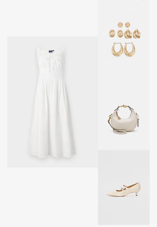 Valge kleit ruudukujulise dekoltee, kogutud vöökoha ja laieneva seeliku ning õhukeste rihmadega. Kanga peal on lilleline tikand.; Beige lakknahkse Mary Jane kingad kahe reguleeritava pandlaga, terava varbaga ja madala kontsaga. Sile tekstuur läikiva viimistlusega.; Kreemist nahast kott poolkuu kujuga, kullast riistvara, mustad aktsendid ja eemaldatav rihm. Omab kettidekoori ja sildiga. ; Kuldtoonides kõrvarõngaste komplekt, mis sisaldab kolm paari: tekstureeritud ovaalsed kinnised, lainelise disainiga kinnised ja suured rõngaskõrvarõngad, millel on kihilised sooned.