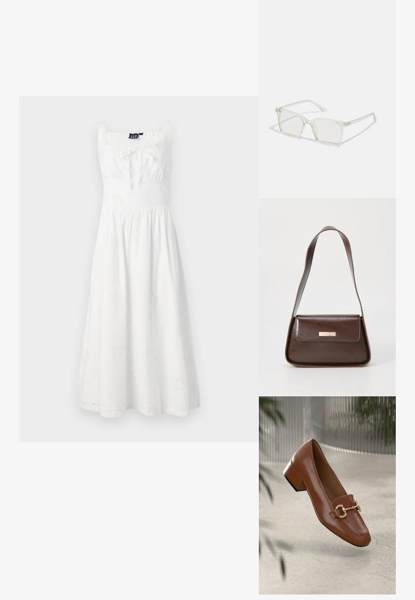 Biele šaty so štvorcovým výstrihom, zberaným pásom a rozšírenou sukňou. Obsahujú kvetinovú výšivku po celej tkanine a tenké ramienka.; Hnedé lakované kožené loafers s hranatou špičkou, kovovým reťazovým akcentom a nízkym blokovým podpätkom; hladká textúra, minimalistický dizajn.; Priehľadné plastové okuliare s námestovými rámami a priehľadnými šošovkami, s kultivovanými zlatými akcentmi na spánkoch pre zvýraznenie detailov.; Hnedá kožená ramenná taška so štruktúrovaným tvarom, vybavená magnetickým uzáverom a metalickým logom na prednej strane.