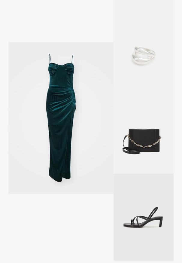 WAL G. VALERIE - Apģērbs svinīgiem gadījumiem - dark teal blue; Melnas strappy sandales ar kvadrātveida purngaliem un zemu bloku papēdi. Ievērojamas ar vairākiem plāniem siksniņām un regulējamu potītes siksniņu. Izgatavotas no gludas ādas.; Melna ādas crossbody soma ar gludu faktūru, taisnstūrveida formu un metalizētu ķēdes detaļu priekšā. Iekļauta regulējama siksna.; Sudraba divu joslu gredzens ar gludu, pulētu virsmu. Iezīmējas ar plūstošu, izliekta dizaina struktūru ar pārklājošām sekcijām modernam izskatam.