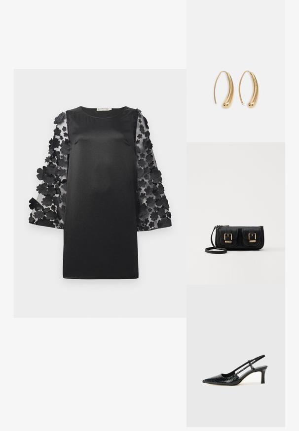 Svart klänning med en slät kropp och genomskinliga ärmar prydda med lager av blom-applikationer. Rund halsringning och avslappnad passform.; Svart lackskin slingback-häl med spetsig tå, med texturerad ormskinnsprint, justerbar rem och en kort, texturerad blockklack.; Svart läderaxelväska med två framfickor, guldspännen, dragkedjestängning och en smal rem. Texturerad yta och kompakt rektangulär form.; Guldtonade metallörhängen i en kurvad, avlång form. Har en slät, glänsande yta och en rundad spets för en extra detalj.