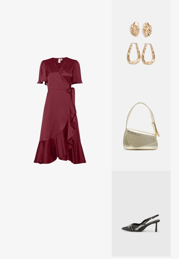 Burgundy satin wrap dress with short puff sleeves, a side tie, and a ruffled hem. Smooth texture with a flattering silhouette.; Black patent leather slingback shoe with pointed toe, ankle straps featuring silver buckles and hardware, and a slender heel.; Gold metallic handbag with a structured design, smooth texture, and adjustable strap. Features a unique triangular shape and minimalist stitching.; Gold-tone earrings featuring textured, wavy shapes. Includes sculptural clip-on studs and open hoop design with a hammered finish.