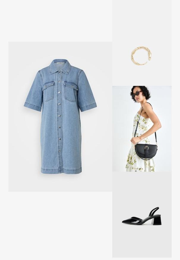 Vaaleansininen farkkumekko lyhyillä hihoilla, nappisuljenta edessä, kaksi rintataskua ja kaulus. Sileä pinta, polvimittainen.; Mustat patentoitu nahkakengät, joissa on säären takaosa ja terävä kärki, sekä geometrinen palikkakorko. Sisältää tyylikkään, minimalistisen muotoilun ja sileän pinnan.; Musta nahkainen käsilaukku, joka on kaareva muotoilultaan, irrotettavalla hihnalla ja kultaisilla yksityiskohdilla. Laukussa on läppä, jossa on solk yksityiskohta.; Kultaketju, jossa on orgaaninen, kierretty muotoilu, sileä pinta ja cappatut päät, luoden modernin, veistoksellisen ilmeen.