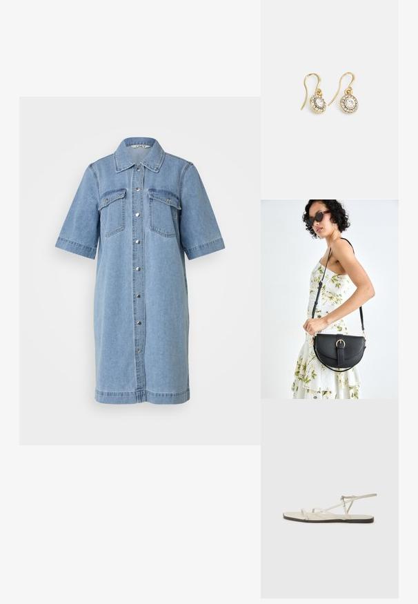 Šviesiai mėlyna džinsinė suknelė trumpomis rankovėmis, sagčių uždarymas priekyje, dvi krūtinės kišenės ir apykaklė. Lygi tekstūra, iki kelių.; Bežiniai plokšti sandalai su keliais lieknais dirželiais ir reguliuojamu užsegimu. Padas plokščias, su lengvu tamsiu kontrastu krašte.; Juodas odinis krepšys su išlenkta forma, nuimamu dirželiu ir auksiniais detalėmis. Krepšys turi kilpą su sagtimi.; Aukso spalvos auskarai su ovalo formos skaidriais kristalais, apjuostais mažesniais skaidriais akmenukais, su kabliuko dizainu, užtikrinančiu saugų dėvėjimą.