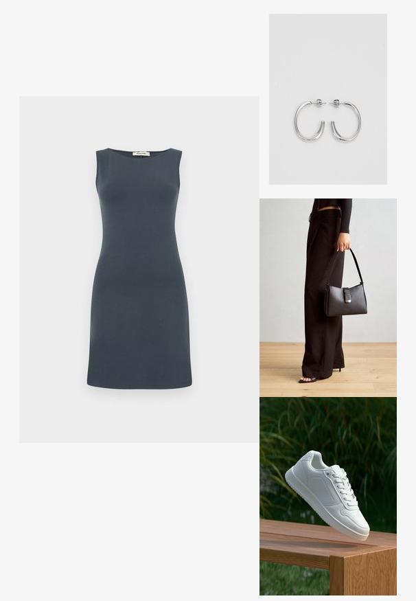 Hihaton mekko tummanharmaana, sileästä kankaasta valmistettu. Sisältää vartalonmyötäisen siluetin, jossa on lievä A-linjainen leikkaus ja pyöreä pääntie.; Valkoiset tennarit, joissa on sileä synteettinen päällinen, rei'itetty varvasosa, litteät nauhat ja teksturoitu pohja, esillä puupinnalla.; Musta käsilaukku, jossa on rakenteellinen muoto, sileä pinta ja metallinen solki. Yhdistetty leveisiin mustiin housuihin ja avonaiheisiin sandaaleihin puulattialla.; Hopehopeet hopehopeet hopehopeet hopehopeet, jolla on sileä, kiiltävä pinta. Pyöreä muoto, kevyt rakenne, jossa on neulakiinnitys.
