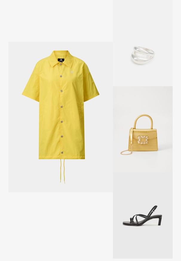 Geltona lietpalčiai su trumpomis rankovėmis, priekyje sagos, reguliuojamas apačios briaunas ir logotipas ant krūtinės. Pagaminta iš lengvos, vandeniui atsparios medžiagos.; Juodi šlepetės su kvadratiniu pirštu ir žemu bloku kulnu. Yra keli ploni dirželiai ir reguliuojamas kulkšnies diržas. Pagaminti iš lygios odos.; Geltonas dirbtinės krokodilo odos rankinukas su standžiu dizainu, viršutine rankena, nuimamu grandininiu dirželiu ir dekoratyviniu krištolo papuošimu ant užsegimo.; Sidabrinis dvigubas žiedas su lygiu, poliruotu paviršiumi. Pasižymi sklandžiu, kreiptu dizainu su persipinančiomis dalimis, suteikiančiomis modernų išvaizdą.