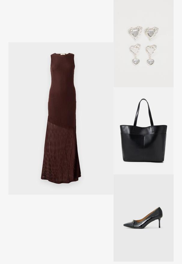 Robe en tricot marron, sans manches, avec une texture côtelée et un bas en maille transparent à motifs, tombant jusqu'à la cheville.; Chaussure à talons hauts en cuir verni noir avec un bout pointu, détail de sangle décorative à l'avant et un fin talon aiguille.; Sac fourre-tout en cuir noir avec deux longues poignées, une texture lisse et une forme structurée. Dispose d'une poche avant pour un rangement supplémentaire.; Des boucles d'oreilles en argent en forme de cœur présentent des pierres claires facettées, avec un cadre texturé. L'ensemble comprend des styles à clou et des styles pendants.