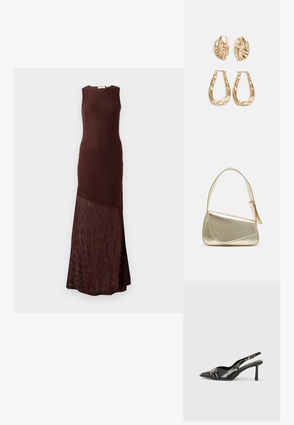 Robe en tricot marron, sans manches, avec une texture côtelée et un bas en maille transparent à motifs, tombant jusqu'à la cheville.; Chaussure slingback en cuir verni noir avec un embout pointu, des brides de cheville avec des boucles en argent et des éléments en métal, et un talon fin.; Sac à main en métal doré avec un design structuré, texture lisse et bandoulière ajustable. Présente une forme triangulaire unique et des coutures minimalistes.; Boucles d'oreilles dorées présentant des formes texturées et ondulées. Comprend des clips sculpturaux et un design de créoles ouvertes avec une finition martelée.