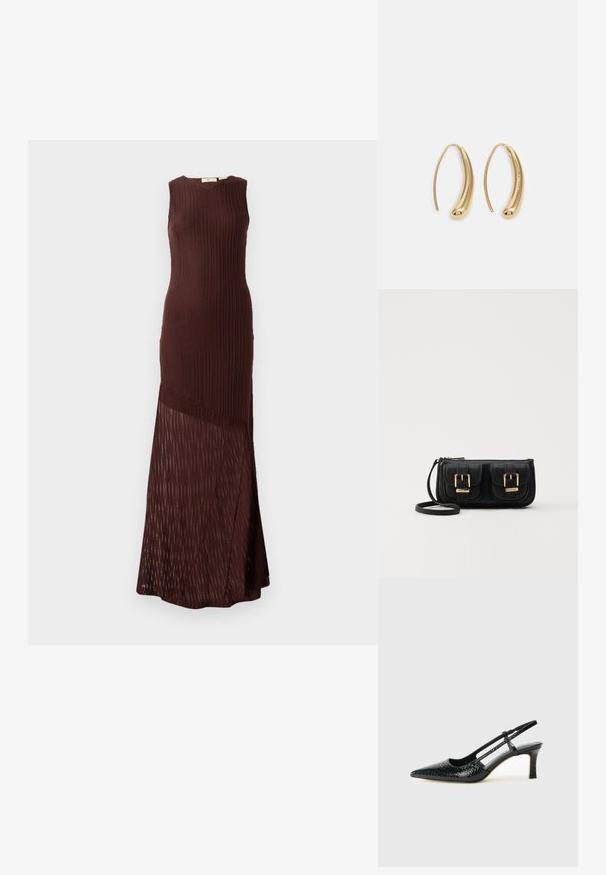 Brun stickad klänning med ärmlös design, som har en ribbad textur och en genomskinlig, mönstrad nederdel som når ankellängd.; Svart lackskin slingback-häl med spetsig tå, med texturerad ormskinnsprint, justerbar rem och en kort, texturerad blockklack.; Svart läderaxelväska med två framfickor, guldspännen, dragkedjestängning och en smal rem. Texturerad yta och kompakt rektangulär form.; Guldtonade metallörhängen i en kurvad, avlång form. Har en slät, glänsande yta och en rundad spets för en extra detalj.