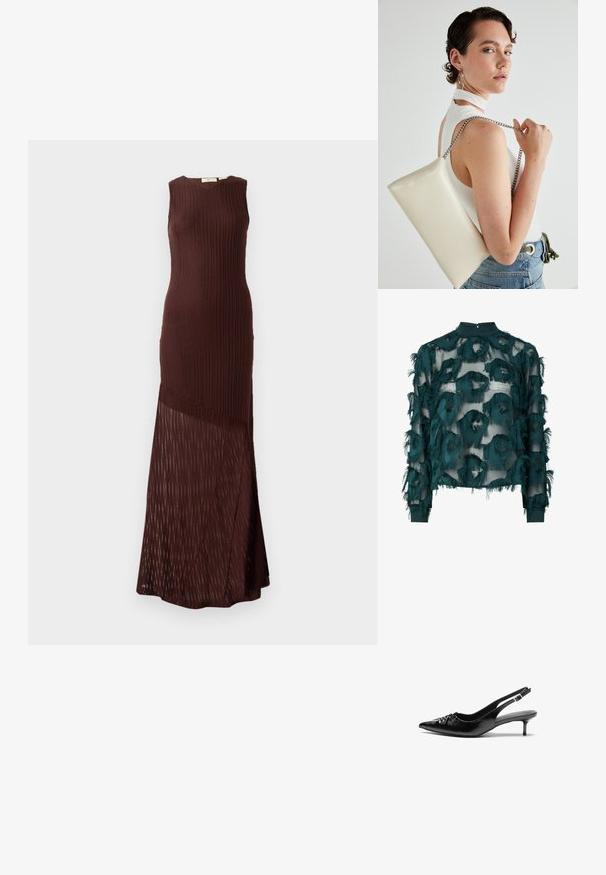 Rochie tricotată maro cu un design fără mâneci, având o textură în relief și un panel inferior transparent, cu modele, care se termină până la gleznă.; Bluză transparentă teal cu modele circulare texturate și destrămate, guler înalt și mâneci lungi cu tiv drept. Închidere la spate cu cheiță.; Cizme slingback din piele neagră, cu vârf ascuțit, toc mic de tip kitten heel și un detaliu decorativ sub formă de nod în față. Textură netedă pe întreaga suprafață.; Geantă de clutch rectangulară albă, realizată dintr-un material lucios, având o curea de lanț argintie. Modelul pozează, evidențiind geanta pe un fundal simplu.