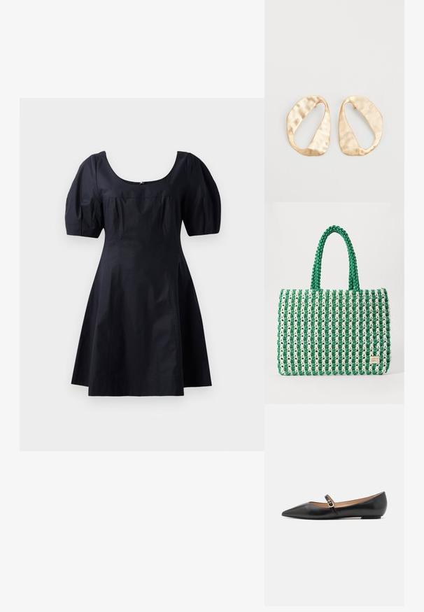 Čierne bavlnené šaty s nafúknutými rukávmi, výstrihom do tvaru písmena okrúhleho a priliehavým korzetom prechádzajúcim do sukne do A. Jednofarebné, hladká textúra.; Čierne kožené baletky s špicatou špičkou a bočným remienkom s kruhovým zlatým akcentom. Ľahké s plochou podrážkou.; Zelená a biela tkaná taška na prenášanie so štruktúrovaným obdĺžnikovým tvarom, textúrovaným povrchom a dve pevné ušká. Vybavená logo štítkom na boku.; Pár nepravidelných oválnych zlatistých kovových náušníc s textúrovaným, mierne rozbitým povrchom na bielom pozadí.