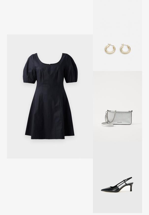 Must mustriga kleit puffi varrukatega, ümar kaelus ja kinnine piht, mis ülemineku A-line seeliku poole. Ühtlane värv, sile tekstuur.; Mustmust paelad, millel on terav varvas, tekstuuriga maduprindiga, reguleeritav rihm ja lühike tekstuuriga plokknina.; Hõbedane nahkne õlakott, millel on tekstuuriga viimistlus, ahel- ja rihmaaktsendid ning lukuga lukustus. Esiküljel on logo.; Lauren Ralph Lauren BASIC SMALL HOOP - Kõrvarõngad - gold-coloured
