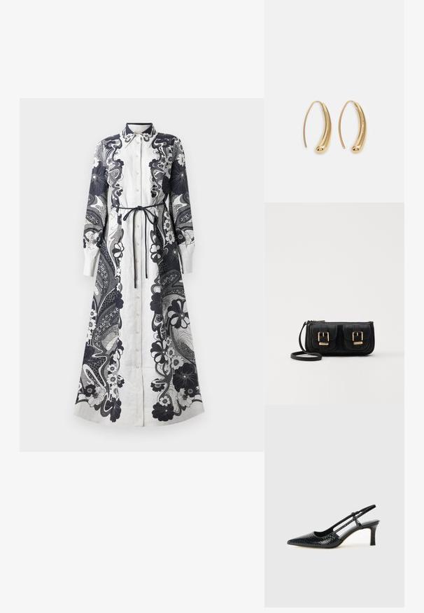 Dlhé, zapínané šaty vyrobené z ľahkej látky. Predovšetkým biele s zložitými námorníckymi kvetinovými a paisley vzormi. Detaily viazania v páse.; Čierne patentové slingback topánky na ihlovom podpätku s špicatou špičkou, s textúrovaným hadím vzorom, nastaviteľným popruhom a krátkym, textúrovaným blokovým podpätkom.; Čierna kožená crossbody taška s dvoma prednými vreckami, zlatými sponami, zipsovým uzatváraním a úzkym popruhom. Štruktúrovaný povrch a kompaktný obdĺžnikový tvar.; Náušnice vo forme zlatých kovových kruhov s zakriveným, predĺženým tvarom. Majú hladký, lesklý povrch a zaoblený koniec pre pridanie detailu.