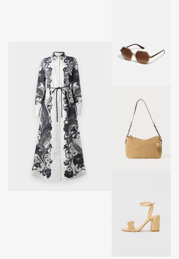 Rochie lungă, cu nasturi, dintr-un material ușor. Predominant albă, cu modele intricate de flori și paisley în nuanțe de bleumarin. Detaliu cu talie legată.; Sandalie cu toc înalt bej, cu o textură împletită, având o floare decorativă și curea pentru gleznă. Tocul pătrat oferă stabilitate.; Ochelari de soare hexagonali cu lentile brune degrade, ramă transparentă bej și brațe de un maro închis. Prezintă brandul „vogue” pe lateral.; Geantă de umăr din suede bej cu formă curbată, accesorii din aur și închidere cu fermoar. Are un charms atașat cu inițialele "MK."