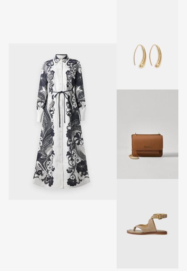 Gara, pogu priekšā aizdarināma kleita, izgatavota no viegla auduma. Pārsvarā balta ar sarežģītiem tumši ziliem ziedu un paisley rakstiem. Sieta jostas detaļa.; Beige zamšādas sandales ar pirkstu cilpu, atvērtām malām un platu potītes siksnu ar zelta sprādzi. Līdzena brūna zole ar nelielu malu.; Brūna teksturēta ādas plecu soma ar zelta ķēdes siksnu un atloka aizdari. Priekšpusē ir logotipa detaļa un kabata zem atloka.; Zelta toņu metāla gredzena auskari ar izliektu, pagarinātu formu. Ar gludu, spīdīgu virsma un noapaļotu galu papildu detaļām.