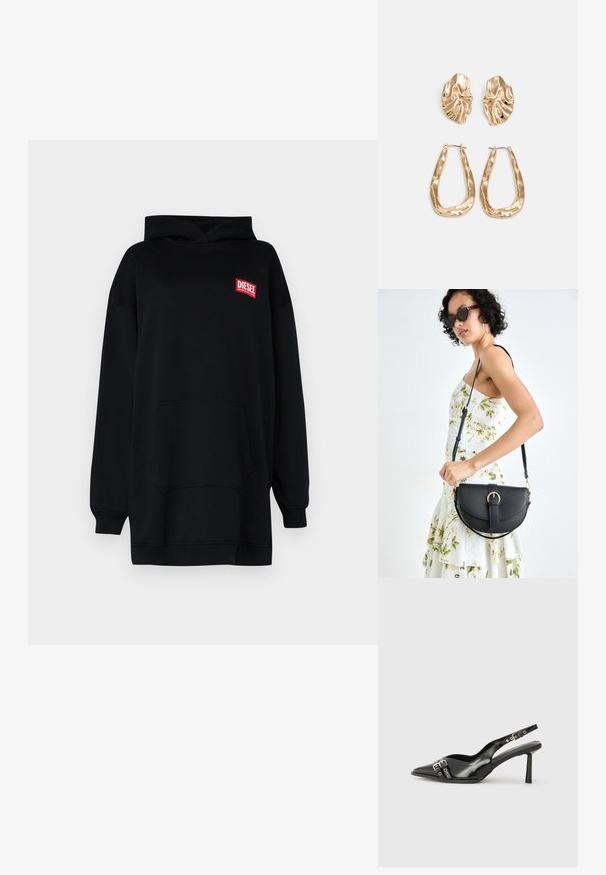 Juodas per didelis kapučinas, pagamintas iš džemperio audinio, turintis priekinę kišenę, raštuotas rankogalius ir raudoną „Diesel“ logotipą ant krūtinės.; Juodas lakuotas odinis batelis su smailiu pirštu, kulkšnies dirželiais su sidabrinėmis sagtimis ir detalėmis, bei plonu kulnu.; Juodas odinis krepšys su išlenkta forma, nuimamu dirželiu ir auksiniais detalėmis. Krepšys turi kilpą su sagtimi.; Auksinės auskarai, turintys tekstūruotus, bangų formos elementus. Įeina skulptūriniai segami auskarai ir atviri lankai su išmuštu paviršiumi.