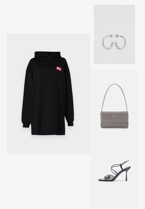 Moletom oversized preto feito de tecido de sweatshirt, com um bolso frontal, punhos canelados e um logótipo vermelho "Diesel" no peito.; As sandálias de salto alto pretas apresentam tiras finas com um design em nó, uma biqueira quadrada lisa e um elegante salto agulha.; Bolsa metálica cinza claro com uma alça de corrente, adornada com pequenos rebites metálicos circulares e um logótipo triangular da marca.; Brincos de argola prateados com um acabamento suave e brilhante. Forma arredondada, design leve, com fecho de pino.