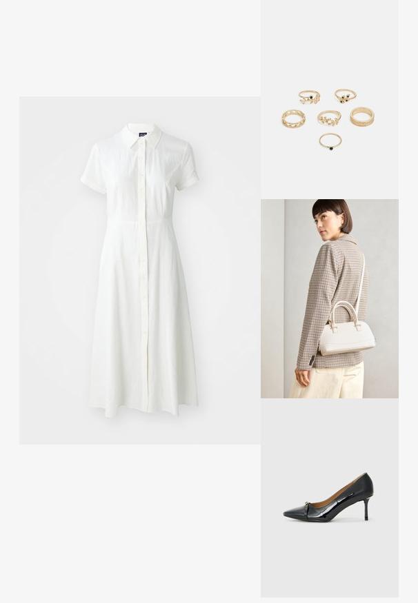 Fehér, rövid ujjú ruha, galléros nyakkal, gombos elülső résszel és A-vonalú fazonnal. Könnyű, texturált anyagból készült.; Fekete lakkbőr magassarkú cipő hegyes orral, díszes pánttal elöl, és vékony stiletto sarokkal.; Fehér, strukturált kézitáska rövid füllel és vállpánttal, arany színű fém kiegészítőkkel és texturált anyagból, szürke háttér előtt bemutatva.; Hat gyűrűből álló készlet arany színben, különböző mintákkal: fonott, levélmotívumokkal és sima karikák; néhány zöld drágakő díszítéssel.