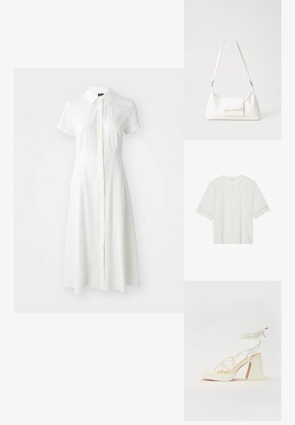 Valge, lühikeste varrukatega kleit, millel on kaelus, nööpidega esiosa ja A-line kujundus. Valmistatud kerge, tekstureeritud kangast.; Valge lühikese varrukaga T-särk, mis on valmistatud puuvillast, kaunistatud pitsiga varrukate ääres ja ümmarguse kaelusega.; Valged kõrge kontsaga sandaalid, millel on paks konts ja rihmadega disain koos pahkluu sidumisega. Sile tekstuur ja platvorm ees, et lisada kõrgust.; Valge sünteetilisest materjalist kott kolmnurkse kujuga, lame esiklapiga ja kaaredetailiga, reguleeritava rihmaga, sileda tekstuuriga ja minimalistliku disainiga.
