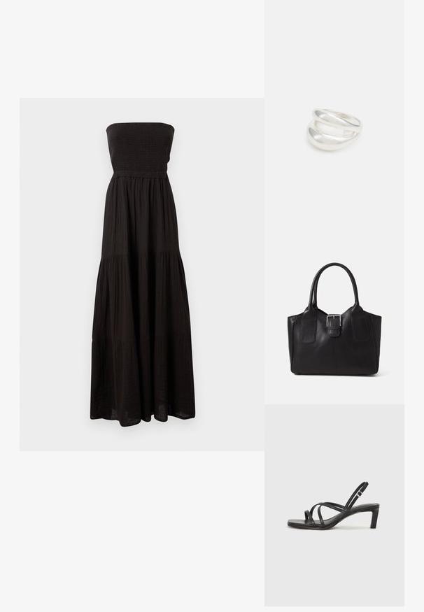Juodas, be petnešų, maxi suknelė, pagaminta iš tekstūruoto audinio, su smulkintomis krūtinės dalimis ir keliais sluoksniais sijono dalyje, užtikrinančiais laisvą siluetą.; Juodi šlepetės su kvadratiniu pirštu ir žemu bloku kulnu. Yra keli ploni dirželiai ir reguliuojamas kulkšnies diržas. Pagaminti iš lygios odos.; Juodas odinis nešiojamas krepšys su lygiu paviršiumi, struktūrine forma, dviem rankenėlėmis ir ryškiu sidabriniu sagties akcentu priekyje.; Sidabrinis dvigubas žiedas su lygiu, poliruotu paviršiumi. Pasižymi sklandžiu, kreiptu dizainu su persipinančiomis dalimis, suteikiančiomis modernų išvaizdą.; Sidabrinis dvigubas žiedas su lygiu, poliruotu paviršiumi. Pasižymi sklandžiu, kreiptu dizainu su persipinančiomis dalimis, suteikiančiomis modernų išvaizdą.