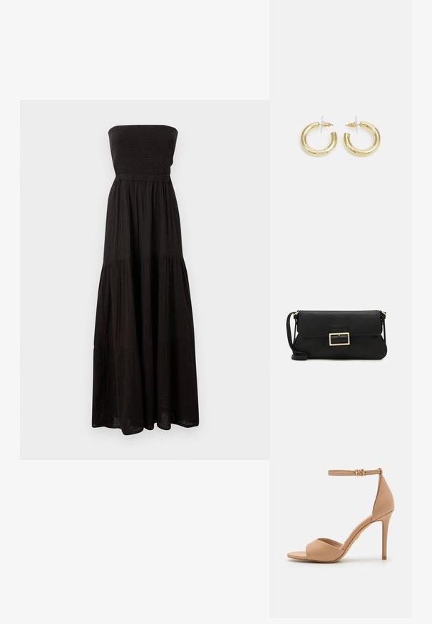 Černé maxi šaty bez ramínek vyrobené z texturované tkaniny, s nařaseným korzetem a tierovanými sukněmi, poskytujícími splývavý siluetu.; ALDO CRERIDE PILLOW WALK - Páskové sandály - beige; Černá kožená psaníčko s klopou a zlatým kovovým detailním sponou. Součástí je černý popruh a elegantní, minimalistický design.; Zlaté kruhové náušnice s hladkým, lesklým povrchem. Kruhový design s malým kolíčkem a průhledným záznamem pro bezpečné nošení.