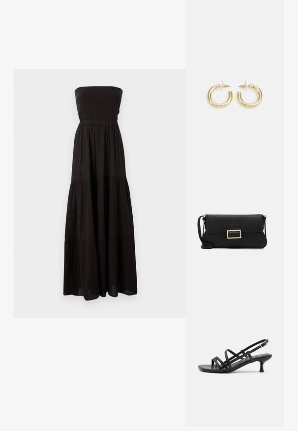 Čierne maxi šaty bez ramienok vyrobené z textúrovaného materiálu, s volánovým živôtikom a vrstvenými sukňovými sekciami, ktoré vytvárajú splývavý siluetu.; Čierne sandále na podpätku s viacerými prekríženými remienkami. Hladký materiál, špicatá špička a úzky podpätok. Nastaviteľný remienok okolo členka s prackou.; Čierna kožená clutch taška s klopou a zlatým kovovým detailom s prackou. Obsahuje čierny remienok a elegantný, minimalistický dizajn.; Zlaté kruhové náušnice s hladkým, lesklým povrchom. Cirkulárny dizajn s malým steblom a jasným záznamom pre bezpečné nosenie.
