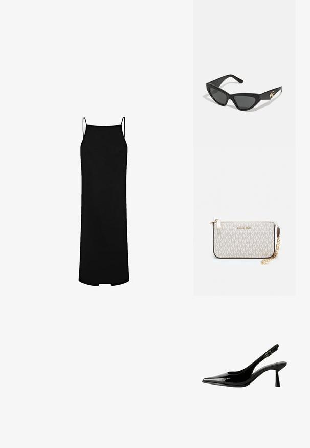 Sort slipdress med tynde stropper, lige snit og knælængde. Fremstillet af glat stof med minimale syninger og uden mønstre.; Sorte patenterede lædersandaletter med spids tå, udskårne sider, justerbar ankelstrop og en tynd, slank hæl.; Cat-eye solbriller med en mat sort kunststoframme, mørke linser og en guldfarvet logoaccent på stænger. Vinklet design og glat overflade.; Michael Kors håndleddstropp i beige belagt lær med et gentaget MK-logo mønster, guld hardware og en aftagelig kædestrop.