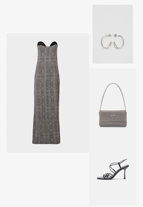 Bezdidelis ilgas suknelė su prigludusia liemene, puošta juodai baltu abstrakčiu roplių raštu ir širdelės formos iškirpte.; Juodos aukštakulnės sandalai pasižymi plonyčiais dirželiais su mazgo dizainu, lygiu kvadratiniu pirštu ir elegantišku stiletto kulnu.; Šviesiai pilka metalinė rankinė su grandinėlės dirželiu, papuošta mažais apvaliais metaliniais smeigėmis ir trikampiu prekės ženklu.; Sidabrinės auskarai žiedai su lygiu, blizgiu paviršiumi. Suapvalinta forma, lengvas dizainas, su uždarymu ant smeigtuko.