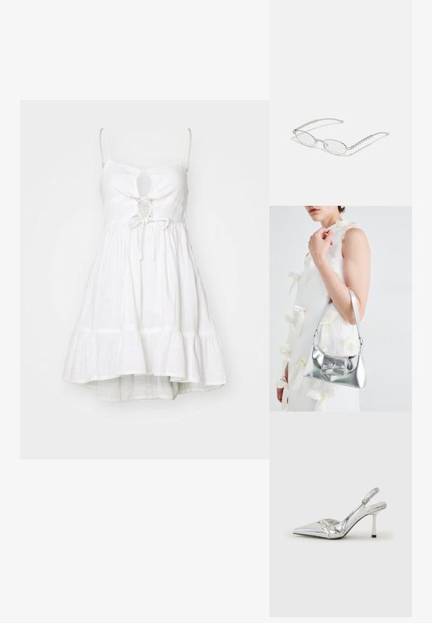 Rochie albă din material ușor, cu bretele ajustabile, decupaj în formă de cheie la bust, talie elastică și fustă evazată în volane.; Pantofii cu toc înalt, argintii, cu vârf ascuțit, finisaj metallic, două curele decorative și un toc subțire cu vârful negru.; Ochelari ovali cu o ramă metalică argintie, lentile clare și accente texturate cu mărgele pe brațe. Design ușor cu brațe curbate.; Geantă metalică argintie cu o formă structurată, având un mâner superior și un detaliu sub formă de fundă pe față. Textură netedă, finisaj reflexiv.