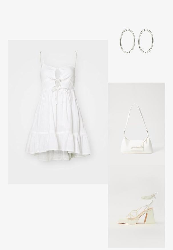 Hvid sommerkjole med justerbare spaghettistropper, nøglehulskæring ved brystet, elastisk talje og lagdelt, flagrende nederdel. Letvægts stof.; Hvide højhælede sandaler med en kraftig hæl, der har et stropdesign og ankelbinding. Glat tekstur med en platform foran for ekstra højde.; Hvid syntetisk håndtaske med en trekantet form, flad forsideklap og sløjfedetalje, justerbar strop, glat tekstur og minimalistisk design.; Sølvøreringe med en glat, poleret overflade. Rund form, letvægtsdesign med en sikker låsemekanisme.