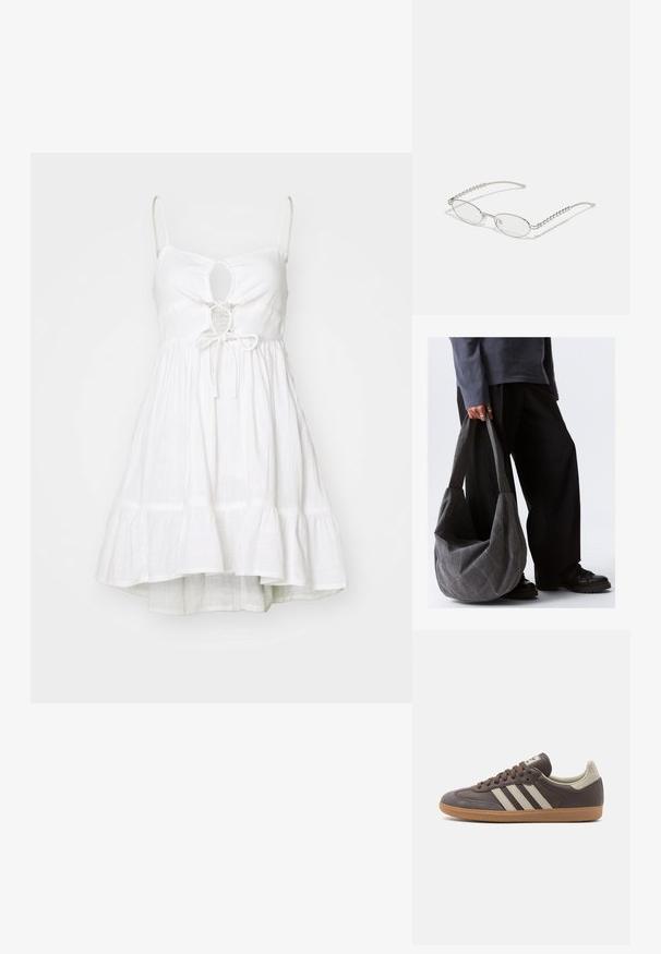 Bílá sluneční šaty s nastavitelnými ramínky, klíčovou výřezem na prsou, elastickým pasem a tierovanou rozšířenou sukní. Lehká tkanina.; Hnědé kožené tenisky se třemi světlými pruhy, gumovou podrážkou, zaoblenou špičkou a texturovanými semišovými detaily na patě a špičce.; Oválné brýle s metalickým stříbrným rámem, čirými skly a texturovanými korálkovými akcenty na spáncích. Lehce provedení s zakřivenými nohama.; Šedá látková taška na rameno s uvolněným tvarem, která má hladkou texturu a široké popruhy. Tašku drží osoba ve tmavých kalhotách.
