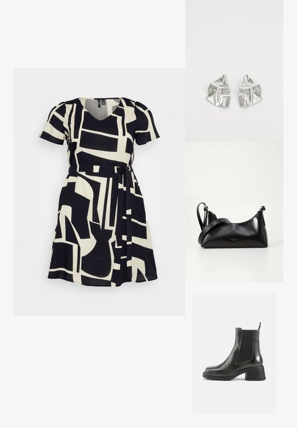 Črna in kremna obleka z V-izrezom, kratkimi rokavi in geometrijskim blokovnim vzorcem. Oblikovanje vključuje zategnjeno pasovo s podrobnostjo za zavezovanje.; Črne usnjene gležnjarje z gladko površino, elastičnimi stranskimi paneli in masivnim petami. Imajo praktično zanko za lažje obuvanje.; Črna usnjena torbica z gladko teksturo. Ima nastavljiv trak in eleganten, minimalističen dizajn z zadrgo.; Srebrni kovinski uhani z valovitim, skulpturalnim dizajnom, ki se ponašajo s poliranim zaključkom in nerednimi oblikami, kar poudarja sodobno estetiko.