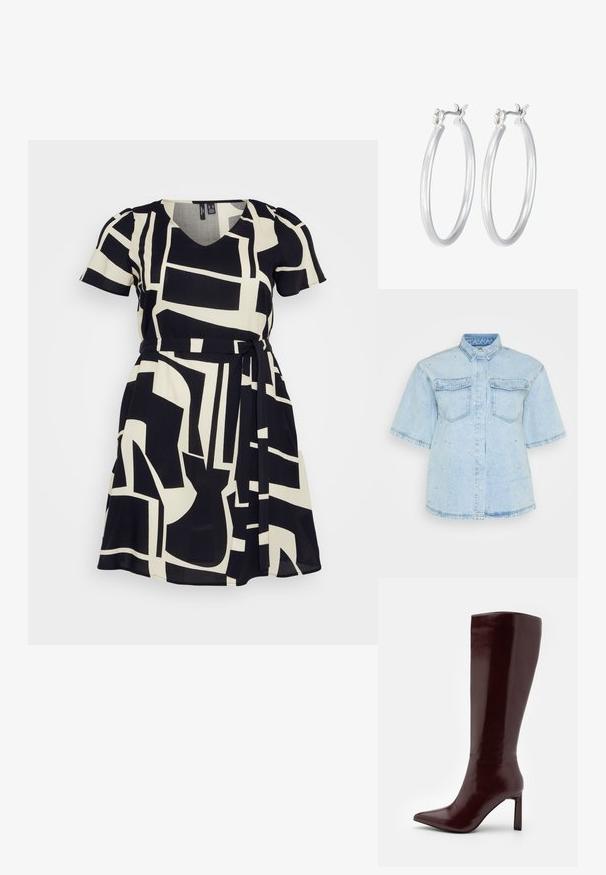 Mustmust värvitoonis kleit, millel on V-kaelus, lühikesed varrukad ja geomeetriline plokkmustrit. Kujunduses on rõhutatud talje sidumise detail.; Hele sinine denim särk lühikeste varrukatega, millel on kaks esist pocketit ja kaunistatud väikeste hõbedaste nööpidega.; Even&Odd Saapad - dark red; Hõbedased rõngaskõrvarõngad, millel on sile, läikiv viimistlus. Ümmargune kuju ja turvaline klõpsulatus. Kerge disain, sobib igapäevaseks kandmiseks.