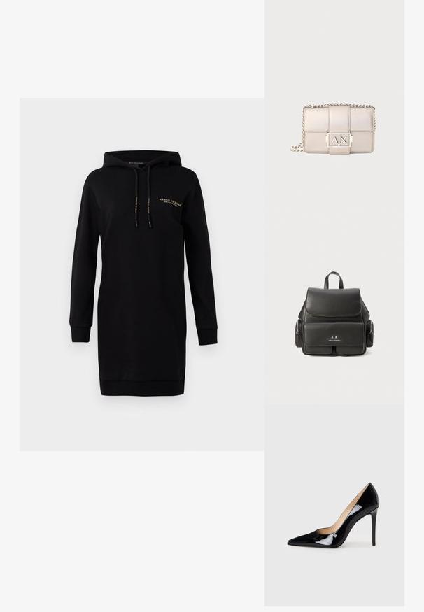 Schwarzes Sweatshirtkleid mit Kapuze. Hergestellt aus weichem Material. Verfügt über lange Ärmel, gerippte Bündchen und ein kleines goldenes Logo auf der Brust.; Schwarze Lackleder-Pumps mit High Heels und spitzem Design sowie einer eleganten Silhouette. Verfügt über eine glatte, glänzende Oberfläche und einen schlanken Stiletto-Absatz.; Schwarzer Leder-Rucksack mit Klappenverschluss, Fronttasche, seitlichen Reißverschlusstaschen und einem oberen Griff. Mit Logodetails auf der Vorderseite.; Beige gesteppte Lederhandtasche mit einer silbernen Kettenriemen, rechteckiger Form und einem auffälligen AX-Logo als Hardware-Detail.