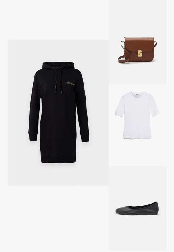Vestido sudadera negro con capucha. Fabricado con un material suave. Cuenta con mangas largas, puños acanalados y un pequeño logo dorado en el pecho.; Camiseta de manga corta blanca hecha de tela de canalé. Cuello redondo, corte regular y detalles de costura sutiles. Sin patrones ni gráficos.; Bailarina de piel negra con punta redondeada, textura suave, detalle de costura minimalista y diseño de suela flexible.; Bolso de mano de cuero marrón con cierre de solapa, herrajes en tono dorado, correa para el hombro y una textura suave. Forma rectangular compacta.