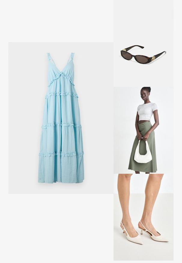 Vaaleansininen, kerroksellinen maksimekko pehmeästä kankaasta, jossa on röyhelökoristeet ja säädettävät olkaimet. Mekossa on V-kaula-aukko ja lentävä muotoilu.; Beige patenttaja nahkaslingback-korkokengät, joissa on teräväkärkinen muotoilu ja 5 cm:n korko. Kenkäparissa on leikattuja reunoja ja ohut nilkkaremmi.; Silmärilakkiset tortoiseshell-aurinkolasit, joissa on pitkänomaiset ovaalit linssit, ruskea sävy, kultaiset logo-koristeet temppeleissä ja sulavalinjaiset mustat varret.; Harmaa ribbattu crop-top ja oliivinvihreä korkeavyötäröinen hame. Malli pitää valkoista olkalaukkua, jossa on leikattu yksityiskohtia. Yksinkertainen muotoilu, vartalonmyötäinen siluetti.