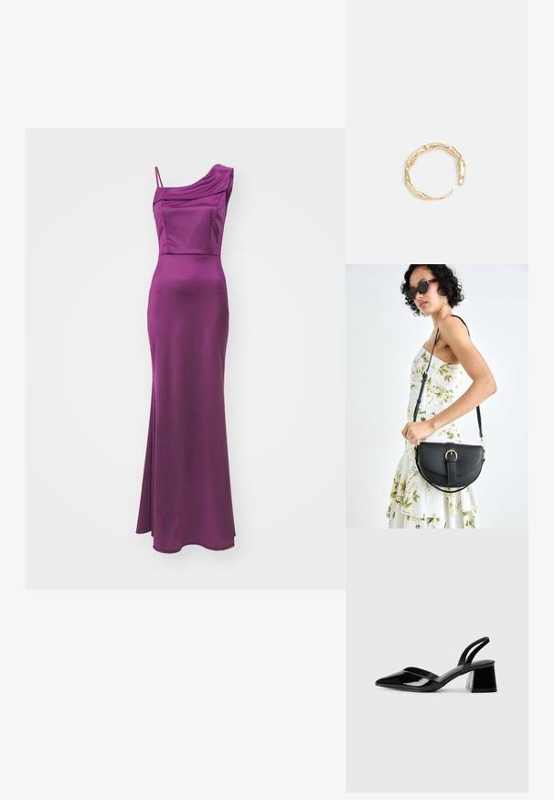 Vienas pleca, grīdas garuma kleita bagātā purpura satīnā. Iezīmēta ar drapējumu uz pleca un pieguļošu krūšu daļu, kas nodrošina slaidu siluetu.; Melna lakota āda ar atvērto papēdi, ar smailu purngalu un ģeometrisku blokpapēdi. Iezīmējas elegants, minimāls dizains un gluda tekstūra.; Melnas ādas rokassoma ar izliekta formu, noņemamu siksnu un zelta aksesuāriem. Somai ir vāciņš ar sprādzes detaļu.; Zelta toņa gredzens ar organisku, vērptu dizainu, gludu virsmu un sašaurinātiem galiem, radot mūsdienīgu, skulpturālu izskatu.