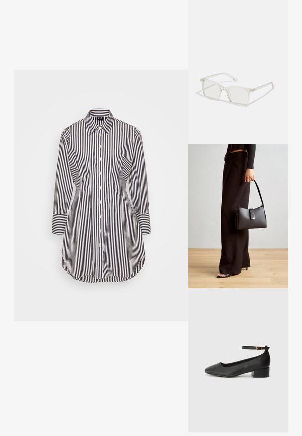 Svītraina pogas krekls ar tumši brūnām un baltām vertikālām svītrām, garām piedurknēm un apkakli, ar pielāgotu fit un izliekto apakšmala.; Melnas ādas sūkņi ar smailu purngalu un zemu bloku papēdi. Iezīmēts ar potītes siksniņu ar zelta krāsas sprādzi. Gluda tekstūra.; Caursplūstošas kvadrātveida brillēs ar caurspīdīgiem lēcām, ar zelta akcentiem uz tempļiem, lai pievienotu detaļas.; Melnā somiņa ar strukturētu formu, gludu tekstūru un metālu sprādzi. Saskaņota ar platām melnām biksēm un sandālēm ar atvērtu purngalu uz koka grīdas.