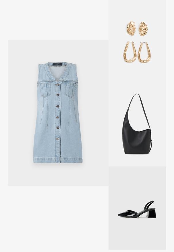 Šviesiai mėlynas džinsinis suknelė be rankovių su V formos iškirpte, priekyje mygtukų uždarymas, dvi krūtinės kišenės ir siuvinėtos detalės šonuose.; Juodos lakuotos odinės šlepetės su smailiu pirštu ir geometriniu bloko kulnu. Turi elegantišką, minimalistinį dizainą ir lygų paviršių.; Juodas odinis hobo maišas su lygiu paviršiumi, kreipta forma ir viena reguliuojama rankena; turi platų atidarymą viršuje.; Auksinės auskarai, turintys tekstūruotus, bangų formos elementus. Įeina skulptūriniai segami auskarai ir atviri lankai su išmuštu paviršiumi.