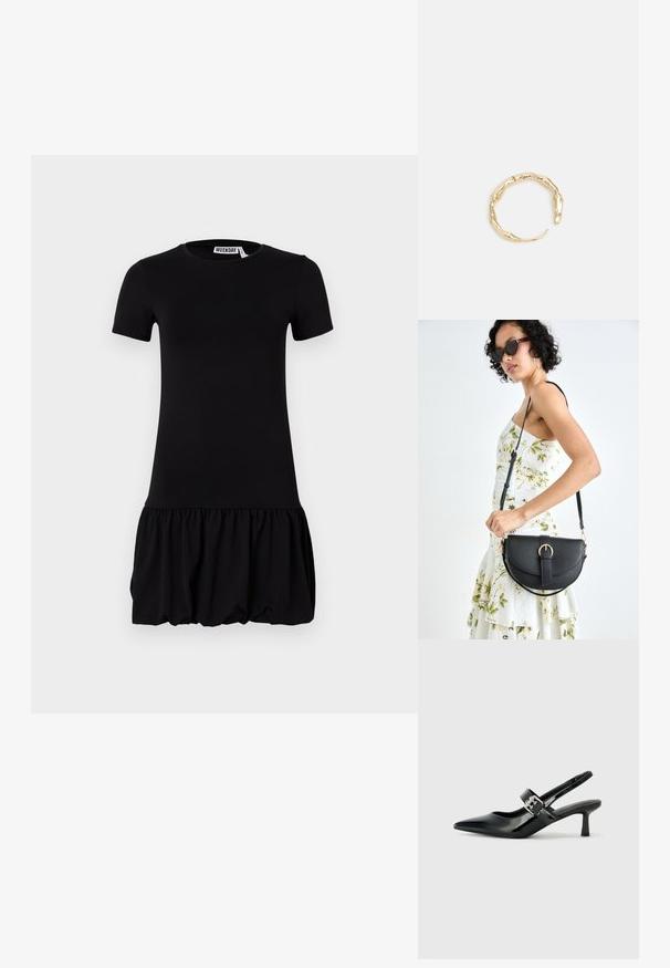 Vestido negro de manga corta que presenta un cuerpo ajustado y una falda acampanada y fruncida. Material suave con una textura lisa y un escote redondo.; Zapatos de tacón en charol negro con tira al tobillo, punta afilada y un pequeño tacón bloque, que cuentan con un acento de hebilla plateada en la correa.; Bolso de piel negra con forma curva, correa desmontable y herrajes dorados. El bolso cuenta con una solapa con un detalle de hebilla.; Anillo en tono dorado con un diseño orgánico y retorcido, con una textura suave y extremos cónicos, creando una apariencia moderna y escultórica.