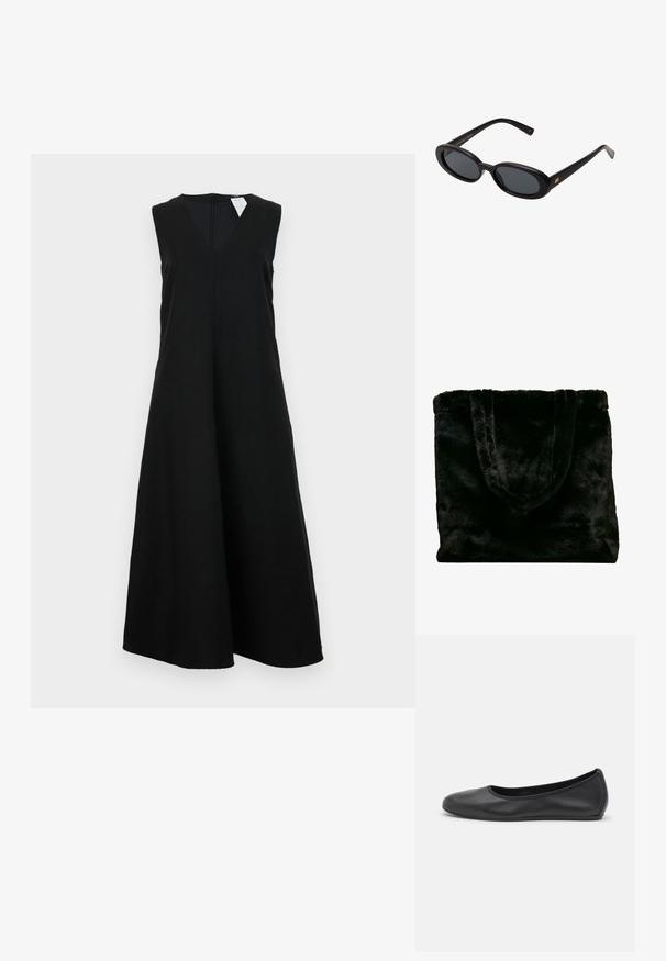 Schwarzes ärmelloses Kleid mit V-Ausschnitt, lockerer Passform und vollem Rock. Der Stoff wirkt glatt und hat keine sichtbaren Muster oder Akzente.; Schwarze Leder-Ballettschuhe mit abgerundeter Spitze, glatter Textur, minimalen Nähdetails und einem flexiblen Sohlen-Design.; Schwarze, oversized Sonnenbrillen mit ovalen Gläsern, glattem Kunststoffrahmen und goldenen Akzenten an den Bügeln. Die dunklen Gläser bieten Sonnenschutz.; Schwarze Tote-Tasche aus Kunstpelz mit weicher Textur. Verfügt über zwei stabile Griffe und ein offenes Design, das für verschiedene Verwendungszwecke geeignet ist.
