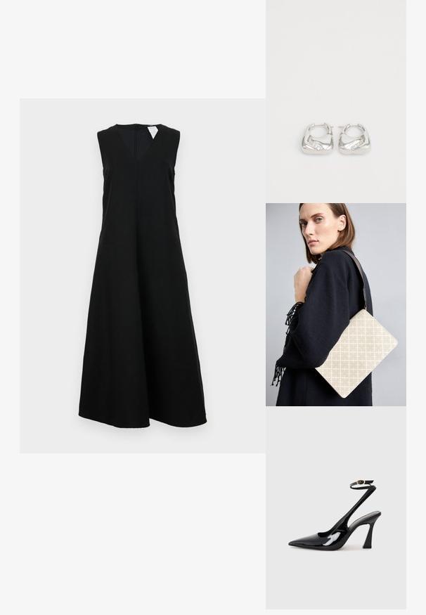 Robe noire sans manches avec décolleté en V, coupe décontractée et jupe ample. Le tissu semble lisse sans motifs ni accents visibles.; Escarpins noirs en cuir verni avec un bout pointu, sangle ajustable à la cheville et un talon bloc modéré. Texture lisse avec finition brillante.; Sac à épaule à motif beige avec une forme structurée, doté d'une sangle texturée marron. Porté par un mannequin sur fond gris.; Boucles d'oreilles en argent en forme de créoles lisses et arrondies, avec un accent ondulé et de petits strass transparents le long d'un bord.